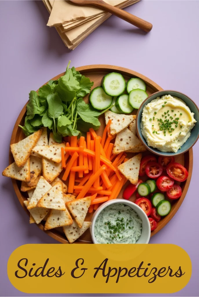 Colorful sides and appetizers on a wooden platter against a soft purple backdrop, featuring fresh cucumber slices, cherry tomatoes, carrot sticks, creamy dips with chives and parsley, and golden crackers, accented by green leaves, napkins, and a wooden spoon.